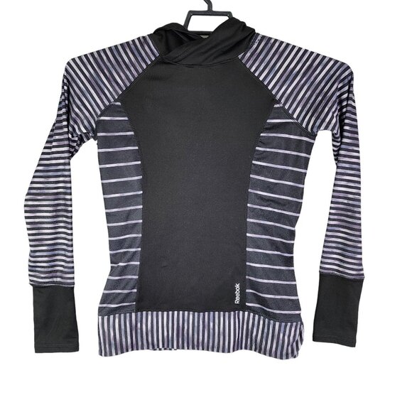 Womens Reebok Athletic Hooded Shirt Black & Purple Striped Long Sleeve Size XS - Picture 1 of 9